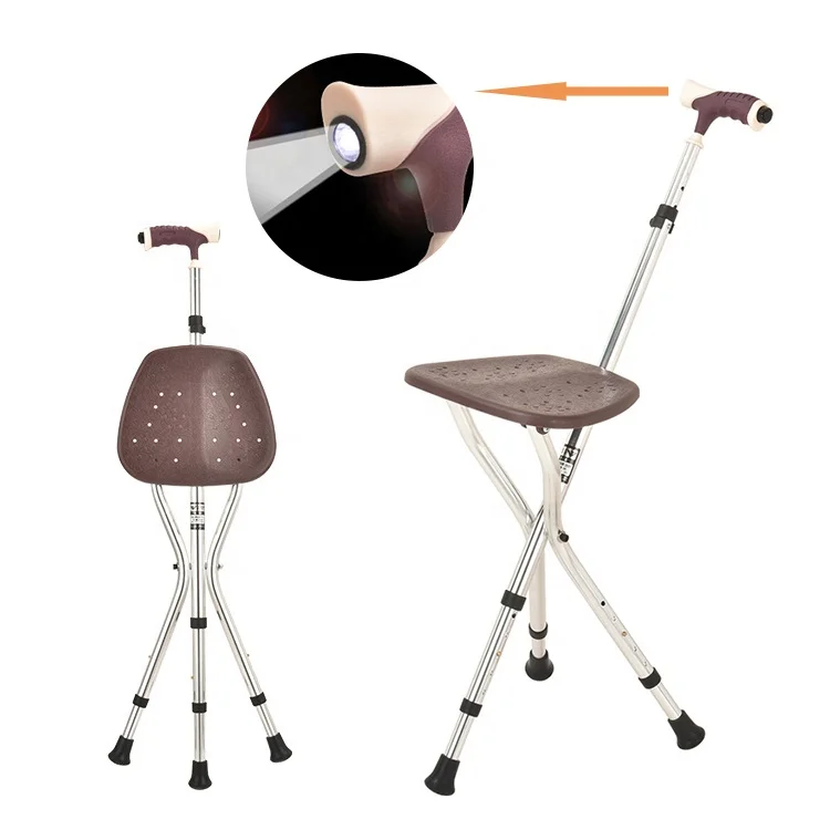 

Factory wholesale aluminum adjustable three legs cane stool for elderly Crutch with light Folding walking stick walker