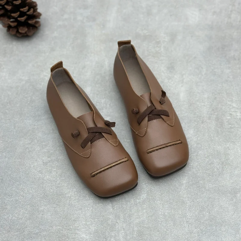 Retro Style Handmade Shoes All Leather Flat Bottomed Women's Shoes Loafers Cowhide Shoes  Mother's  Elderly Shoes 4