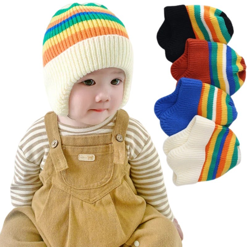 Baby Knitted Hat Rainbow Yarn Autumn Winter Warm Beanie Toddler Plush Headwear Photography Prop Ear Protection Cap Infant Bonnet