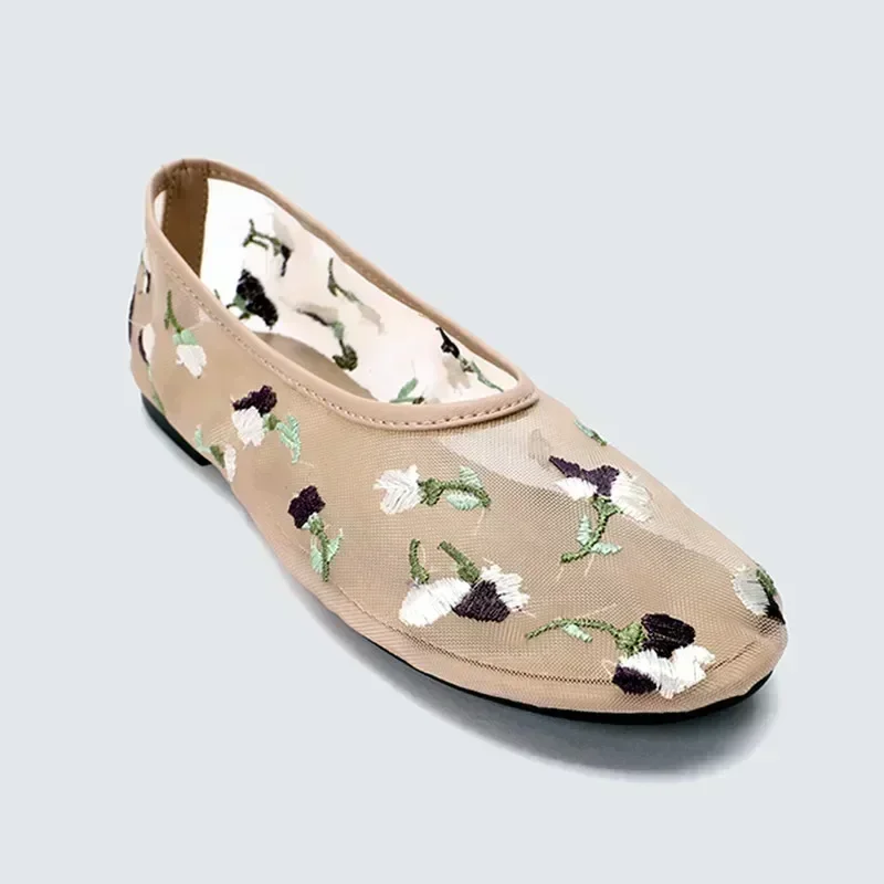 Hand Embroidered Flowers Designer Mesh Hollow Flats Ballet Shoes Women Summer Light Breathable Mary Jane Shoe Elegant Mules Shoe 4