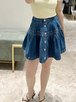 Women Pleated A-Line Denim Skirt High Waisted Fashionable Blue Single Breasted Lady Mini Jupe 2026 Spring Summer