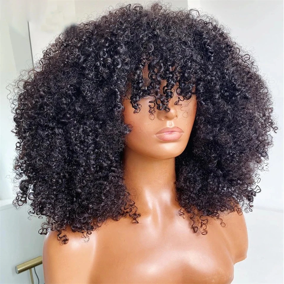 

200% Density Afro Kinky Curly Wigs for Women Virgin Mongolian Short Curly Bob Human Hair Wig Full Machine Made Wigs with Bangs