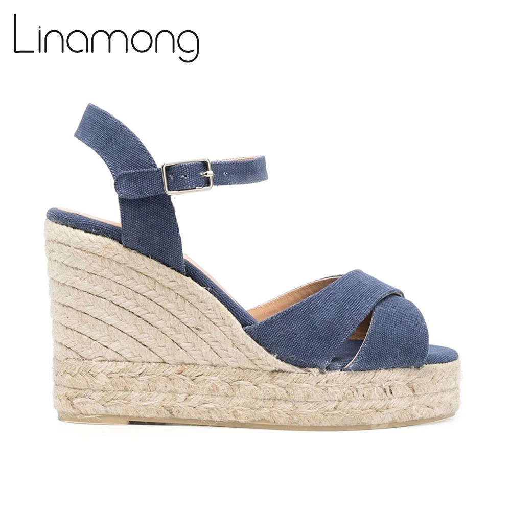 

Cross Strap Espadrilles Raffia Wedge Sandals Multicolor Canvas Platform Sandals Denim Buckle Round Toe Summer Shoes for Women