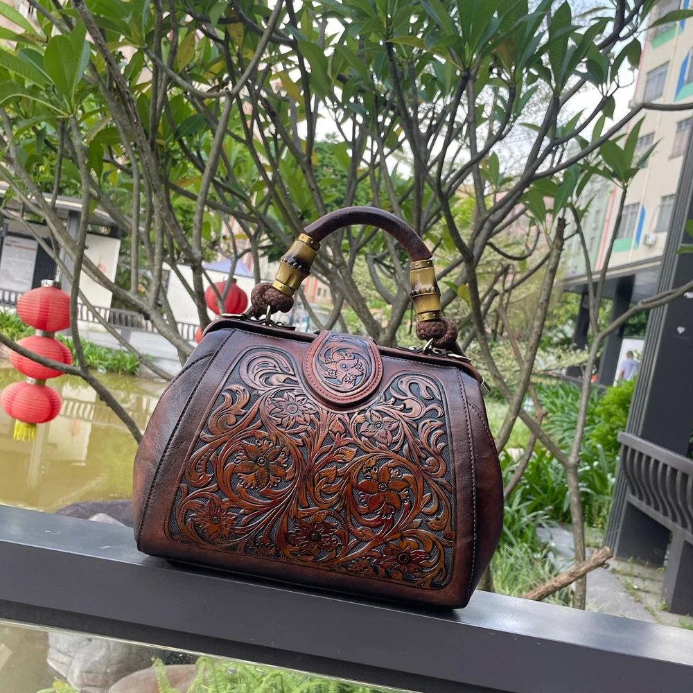 MOTAORA Luxury Handmade Women Shoulder Bag Vintage Carved Leather
