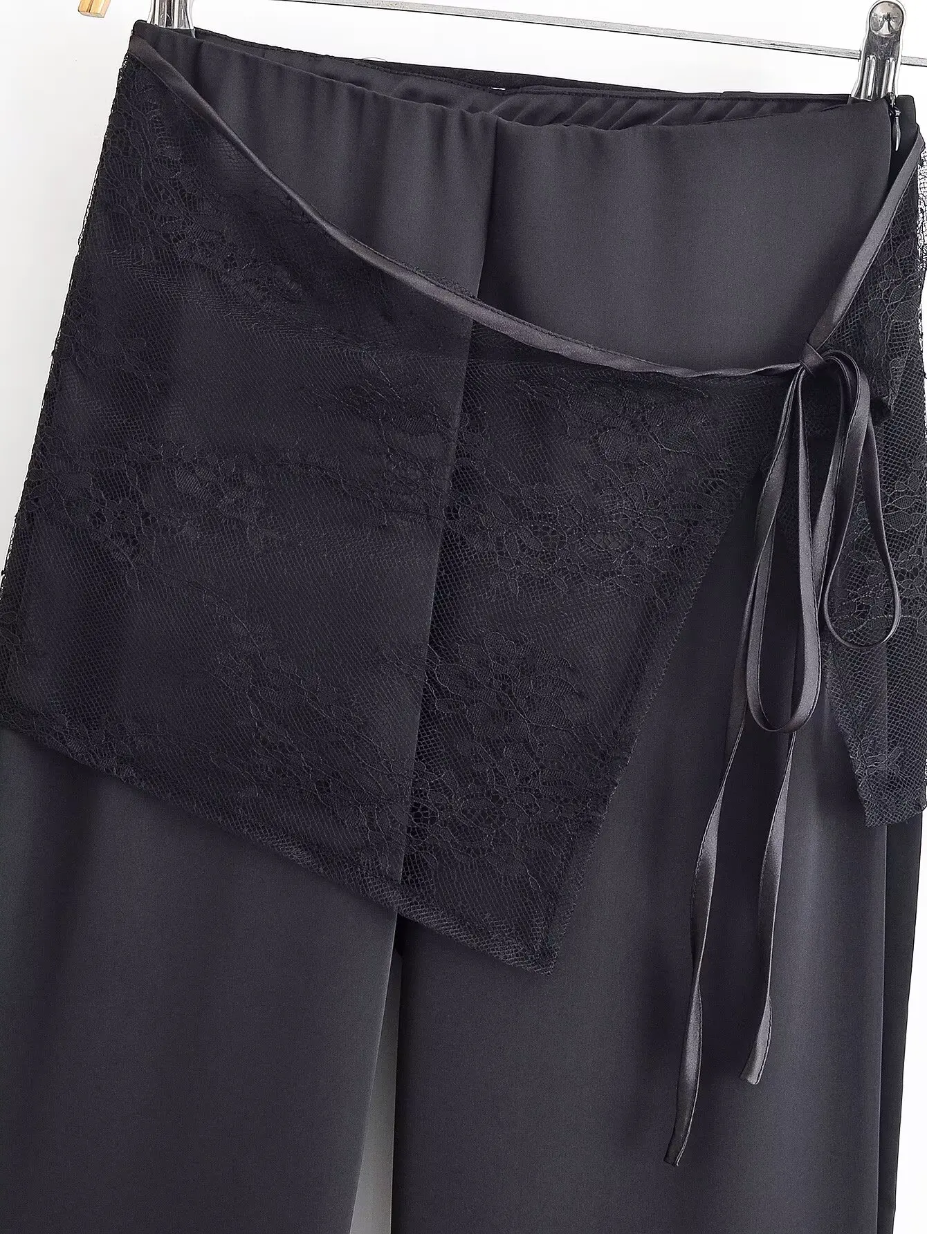 Woman High Waist Casual Long Pants Female Chic Waist Lace Scarf Lace-Up Design Satin Elegant Temperament OL High Street Trousers