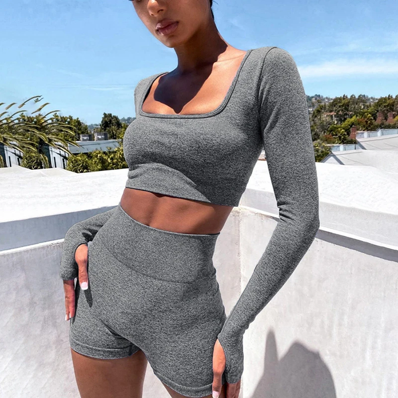 New Sexy Casual Gray Square Neck Long Sleeve Stretch Tight Shorts Summer Women's Tow-piece Suit 2023 new dress vintage square neck short sleeve dress women s dress waist tight set head pink hotsweet temperament short dress