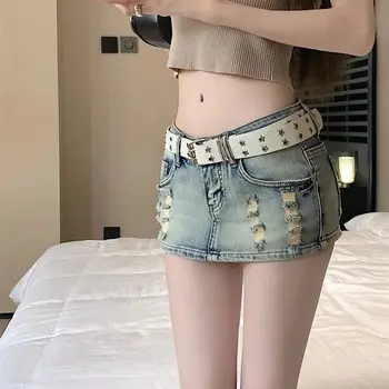 Women's Vintage Blue Washed Distressed Denim Skort Loose Fit High Waist Slimming Stylish Design Summer New Arrival 1