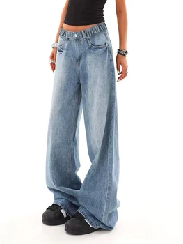 Vintage-washed relaxed straight-leg denim jeans with a preppy style for young teens, featuring a loose wide-leg design 5