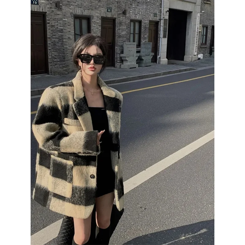 Slightly Fat mm Royal Sister Fashion Plaid Woolen Coat Female 2023 Autumn Winter NewLoose Thick Fried Street Top Tide Commute