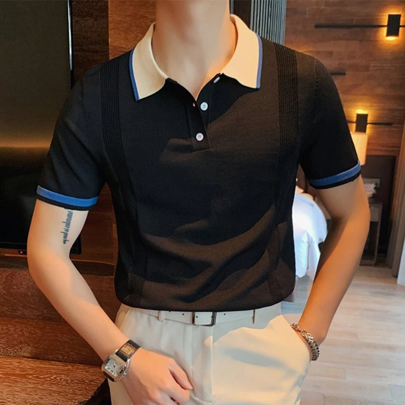 

Vintage Patchwork Slim Lapel Knit Polo Shirts Men Fashion Button Short Sleeve Knitted Breathable Polo Tops Mens Summer Clothing