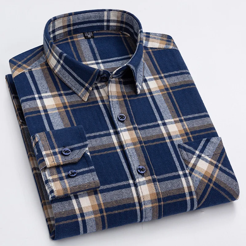 2023 New 100% Cotton Sanding Fabric  Men Casual Plaid Flannel Shirt Long-Sleeved Vintage Shirt Men\'s with Pocket