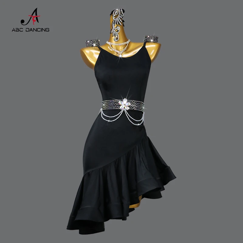 

Black Latin Dance Competition Dress Practice Wear Sexy Adult Ballroom Skirts Senior Professional Sports Line Suit Prom Costume