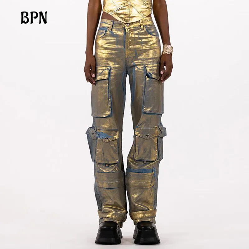 BPN Streetwear Patchwork Pockets Jeans For Women High Waist Hit Color Slimming Spliced Pockets Chic Denim Pants Female Fahsion