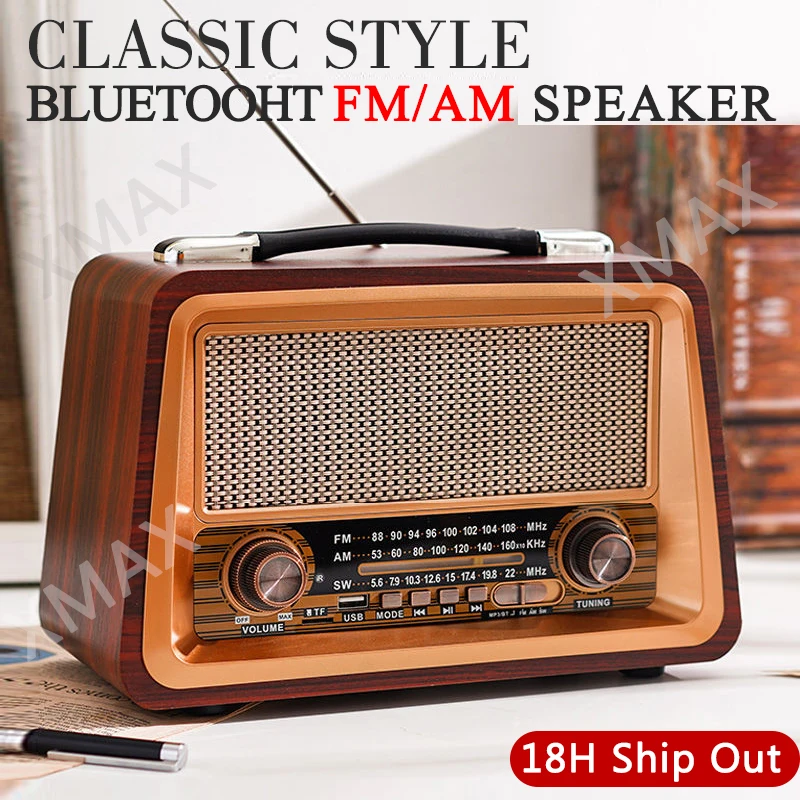 Retro Wooden Wireless Bluetooth5.0 Radio FM/AM/SW Band Subwoofer Portable Outdoor Bluetooth Audio TF/SD USB Player