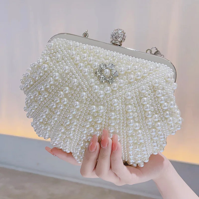 Elegant Evening Clutch Purse for Women Luxury Pearl Rhinestone Handbag Party Wedding Bridal Crossbody Bag