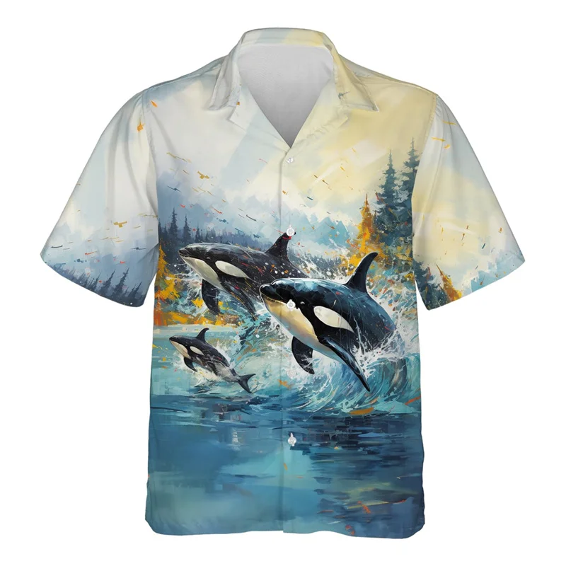thumbnail image 1 of Camisa hawaiana con estampado 3D de ballena asesina para hombre, blusas con estampado de animales de ballenas azules, camisetas Aloha unisex, blusas cómodas de manga corta, 1 of 5