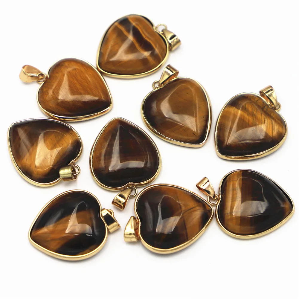 Good Quality Natural Tiger Eye Stone Gold Plate Side Heart Pendants 25mm for Men Jewelry Making Wholesale 12pcs Free Shipping
