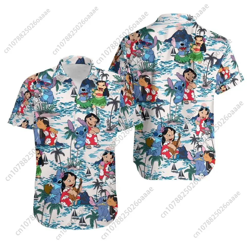 

Disney Stitch and Lilo Summer Hawaiian Shirt Men's Womens Casual Short Sleeve Button Up Shirts Disney Beach Shirts Hawaii Shirts