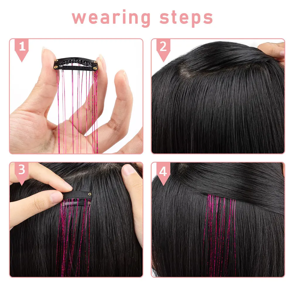 12Pcs Hair Tinsel Clip In 19.7" Glitter Tinsel Hair Extensions Synthetic Clip In Sparkle Hair Accessories For Kids Girls Women 6