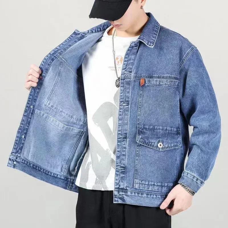 thumbnail image 1 of Chaqueta vaquera azul con botones para hombre, otoño, color negro, con bordado, abrigo vaquero para hombre, estampado, talla grande, ropa de abrigo de alta calidad, talla L, nueva en talla grande, 1 of 5