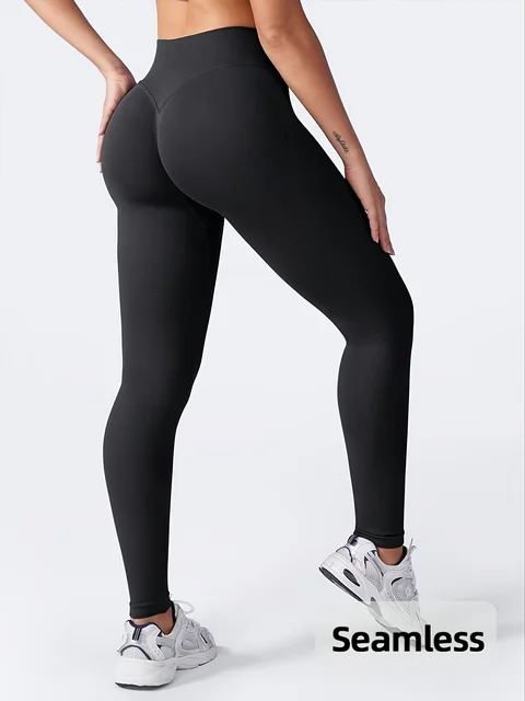 Leggings de sport sans couture taille haute pour femme, effet push-up fessier, contrôle abdominal, froncé, pour gym et yoga, modèle Four