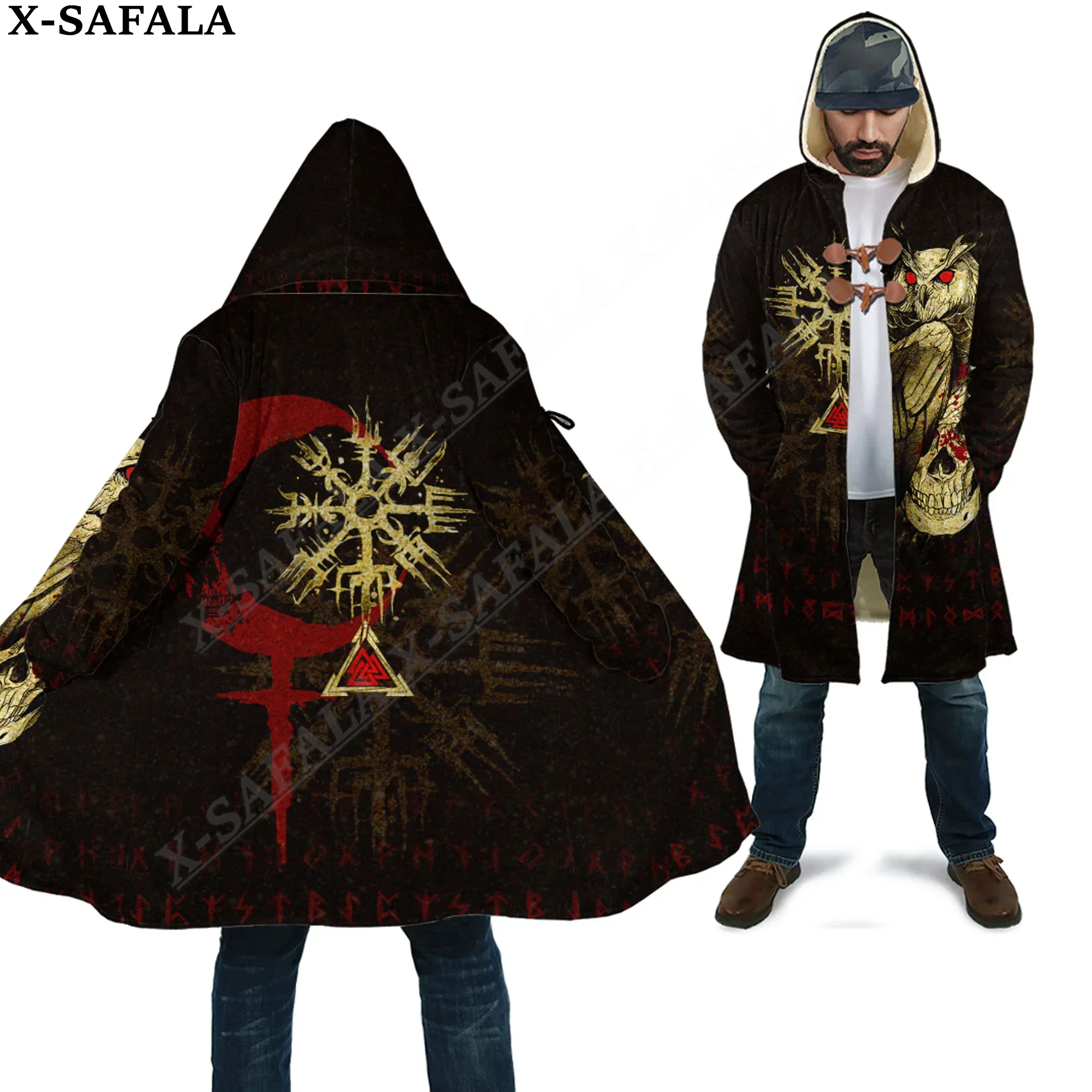 

Owl Skull Blood Tattoo Symbol Viking Odin Overcoat Coat 3D Print Thick Warm Hooded Cloak Men Windproof Fleece Unisex-1