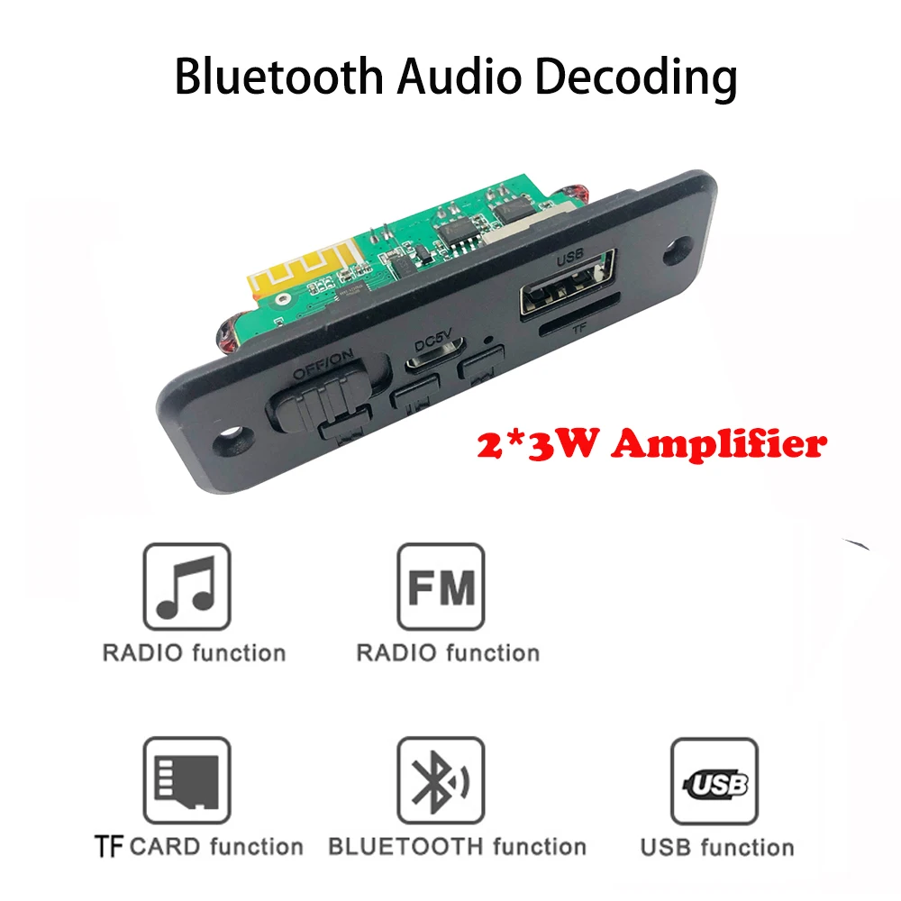 5V Bluetooth 5.0 Car MP3 Player Decoder Board 2*3W Amplifier Wireless FM Radio Module TF USB Handsfree Call