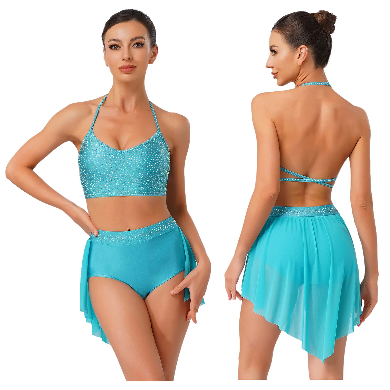 Womens Lyrical Ballet Dance Outfit Glitter Rhinestone Gymnastics Artistic Figure Skating Costume Camisole Top High Waist Shorts