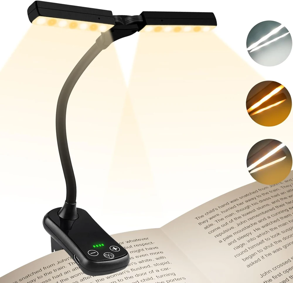 USB Recarregável Clip On Book Light, Luz da noite, Lâmpada de leitura portátil, Mini Desk Lamp, 3 Cores, 8 Brilho, 14 LED