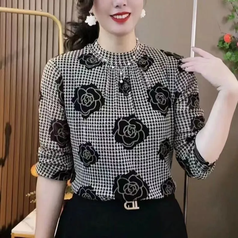 

2023 Female Clothing Paisley Printed T-shirt Spring Autumn Striped Dot Fashion Long Sleeve All-match Stand Collar Pullovers Top