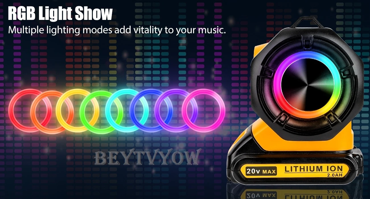 Bluetooth Speaker for Dewalt 20v 60v Battery With USB-A/C ports RGB Light 30W Co