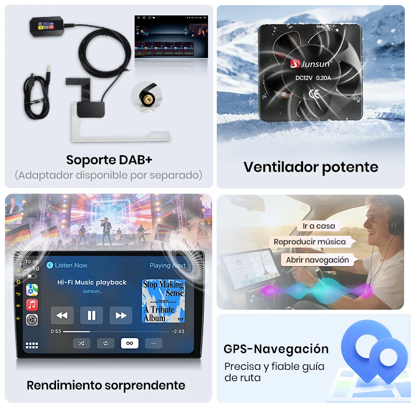 Radio para coche Junsun para Renault Logan 2 Dacia Sandero 2012-2019, CarPlay inalámbrico, Android Auto, sistemas inteligentes, pantalla táctil IPS, DSP, navegación GPS, WiFi, DAB+ RDS, FM/RAM, BT, SWC, Plug and Play, 2DIN, WiFi, 4G, estéreo multimedia 3