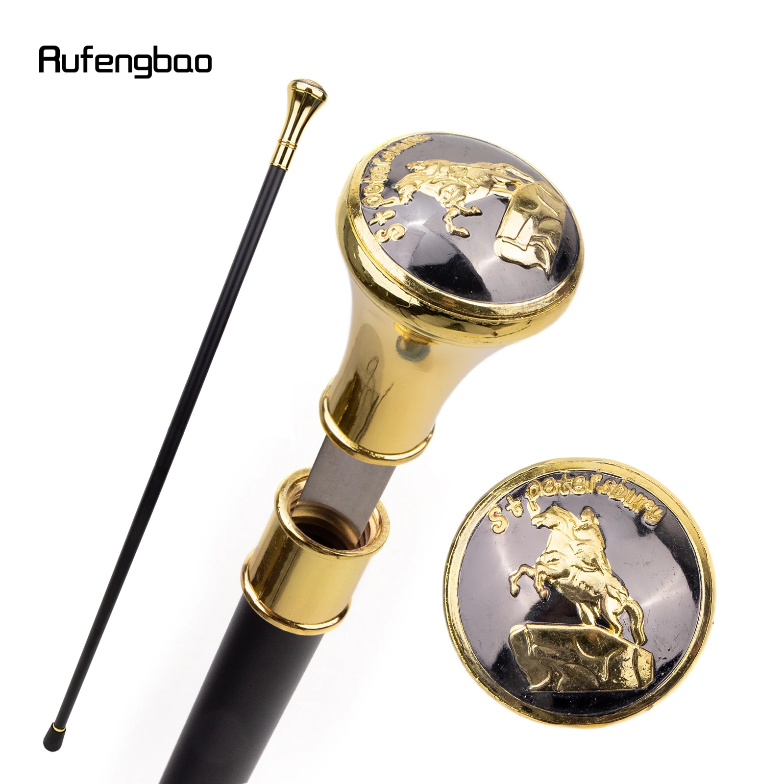 Golden Stpetersburg The Bronze Horseman Totem Relief Single Joint Walking Stick with Hidden Plate Self Defense Cane Crosier 93cm