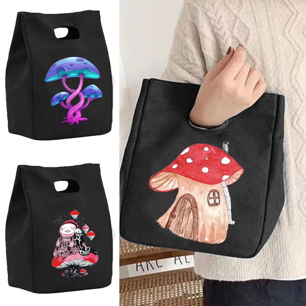 Insulated Lunch Bag for Women's Cooler Bag Portable Canvas Bento Tote Thermal School Picnic Food Storage Pouch Mushroom Pattern women s lunch bag food cooler storage handbag butterfly pattern diner container thermal bento pouch picnic office lunchbox tote