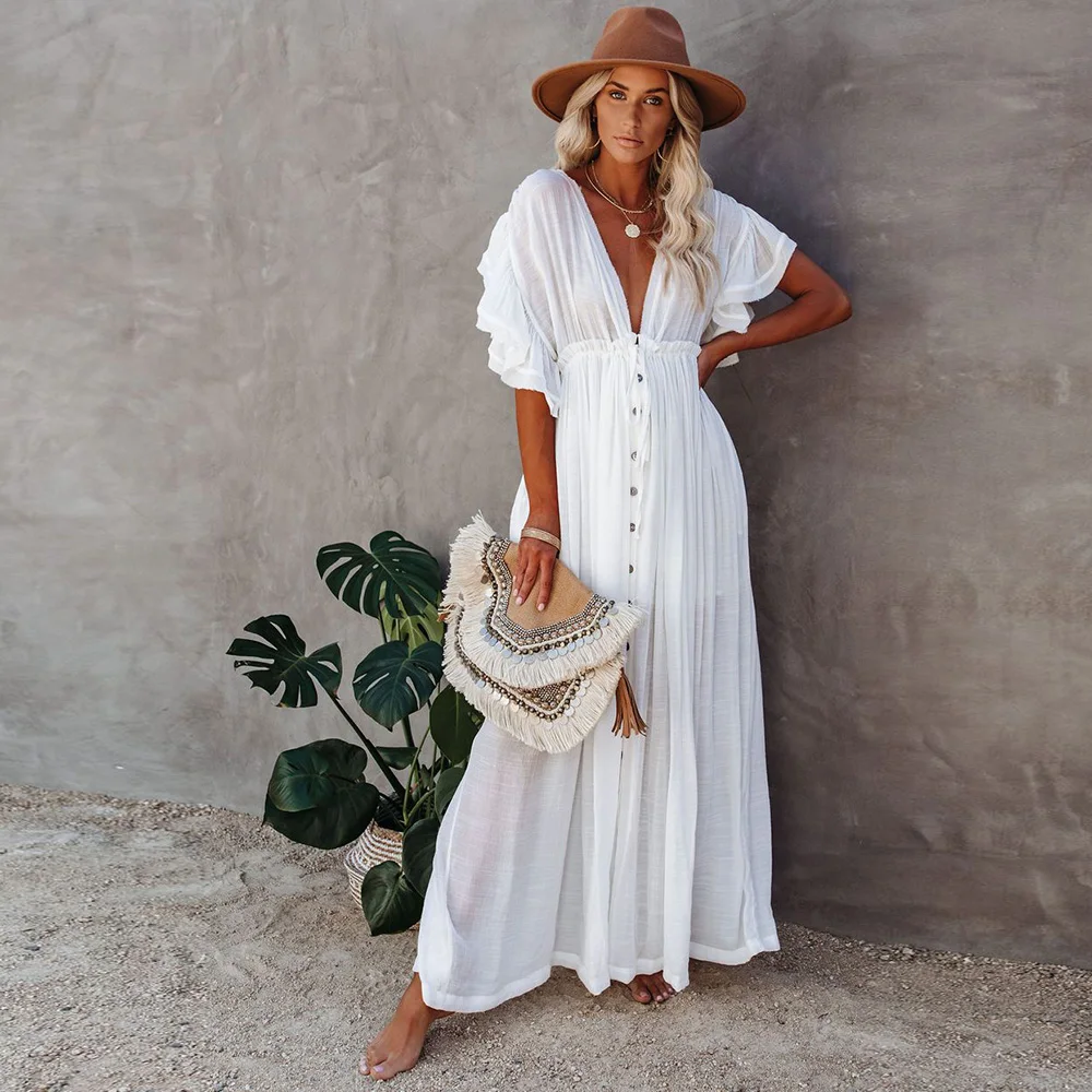 

Women Swimsuit Cover Ups Mandarin Sleeve Kaftan Beach Tunic Dress Robe De Plage Solid White Pareo Beach Cover-ups