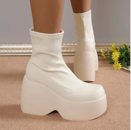 

RIBETRINI 2023 Brand New High Chunky Heeled Women Fashion Boots Ankle Chelsea Platform Wedges Round Toed Slip-on Spring Booties