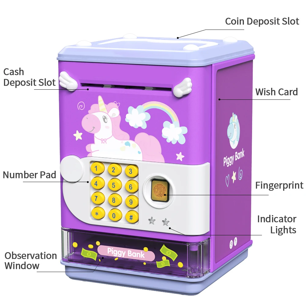 Money Saving Box Piggy Bank Coin Deposit Box Electronic Mini ATM Savings Machine with Personal Password & Fingerprint Unlocking Simulation-Music Box