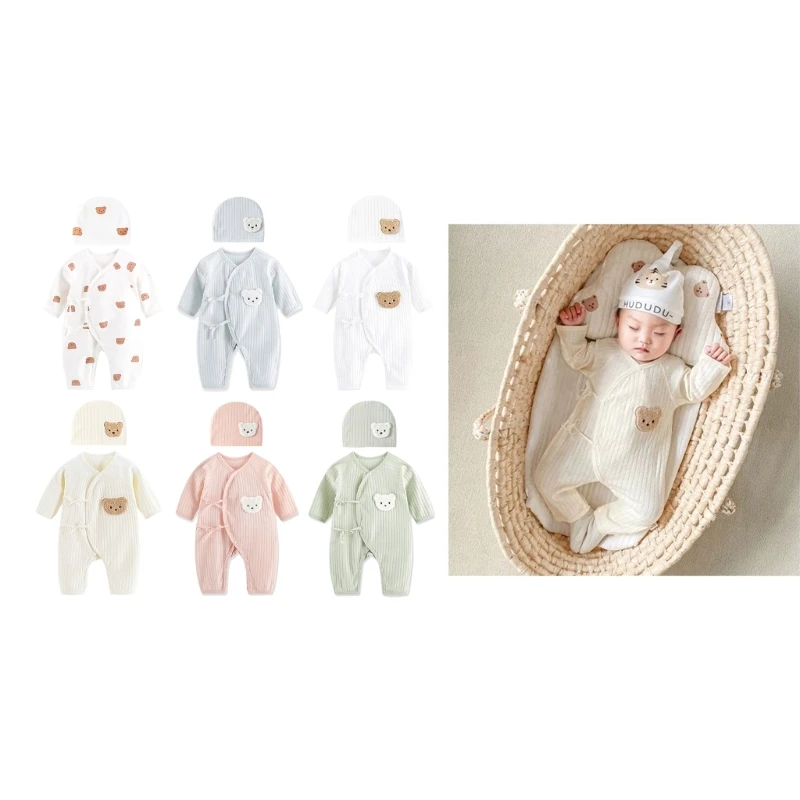 

Breathable Newborn Bear Jumpsuit Hospital Hat Spring Outfit Long Sleeves Bodysuits for Baby Girls Boys Unisex Coveralls