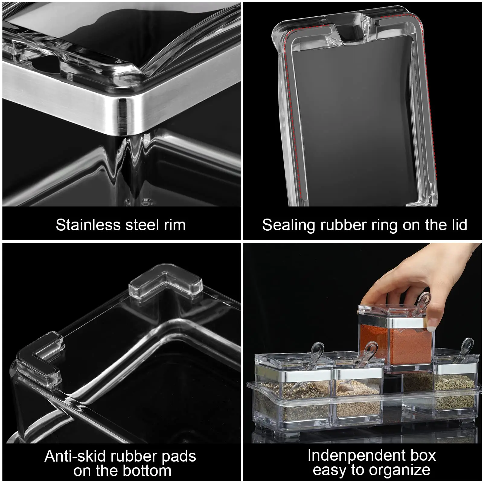 1 Set Acrylic Seasoning Organizer Box 4 Pcs with Lids and Spoons Storage Container Spice Jar for Spice Salt Sugar Cruet Kitchen