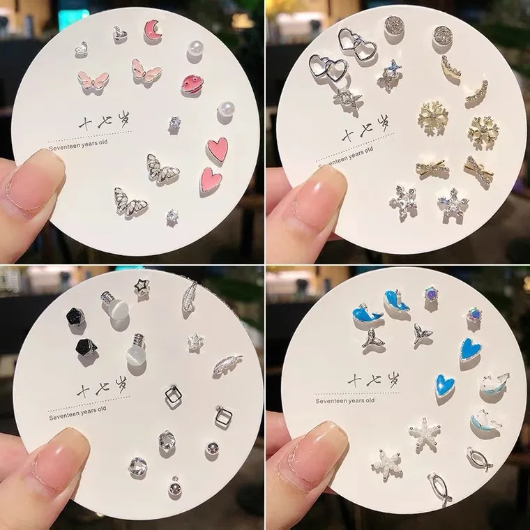여성용 아크릴 크리스탈 작은 스터드 귀걸이 세트, 여아, 어린이 하트 스타 동물, 달 왕관 플라스틱 귀걸이, Brincos 쥬얼리 선물, 7 쌍 