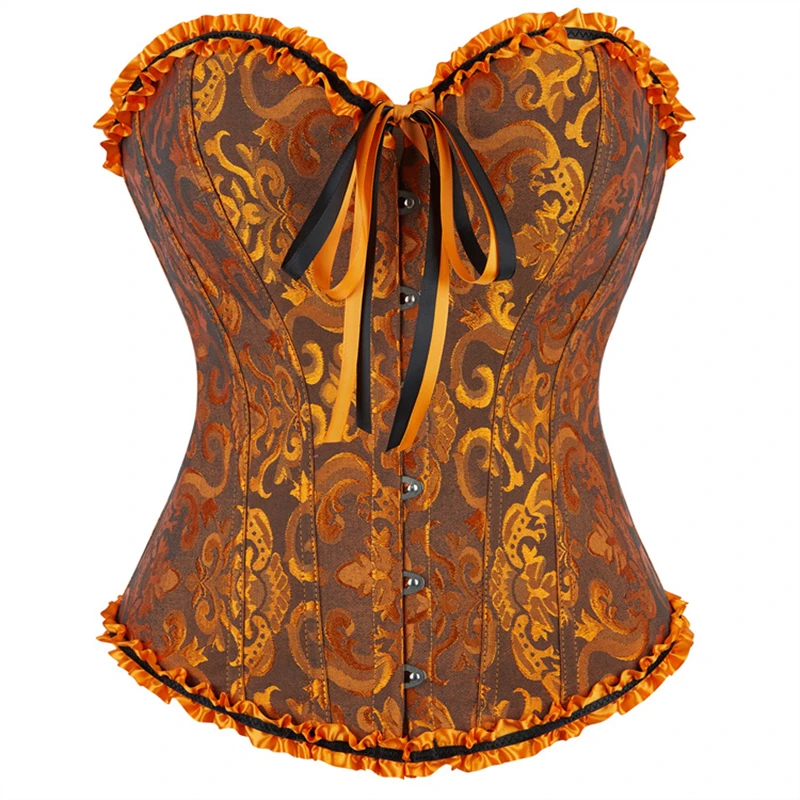 Women Overbust Corset Bustier Top Gothic Orange Jacquard Lace-Up Corselet Vintage Victorian Korsett Lingerie Sexy Basques