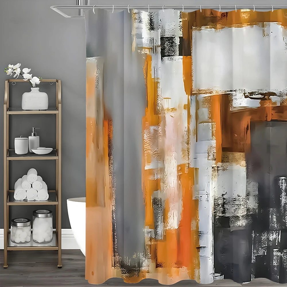 Gray and Orange Abstract Trash Art Oil Painting Shower Curtain, Bathroom Decorative Shower Curtain, Waterproof Shower Curtain wi 3
