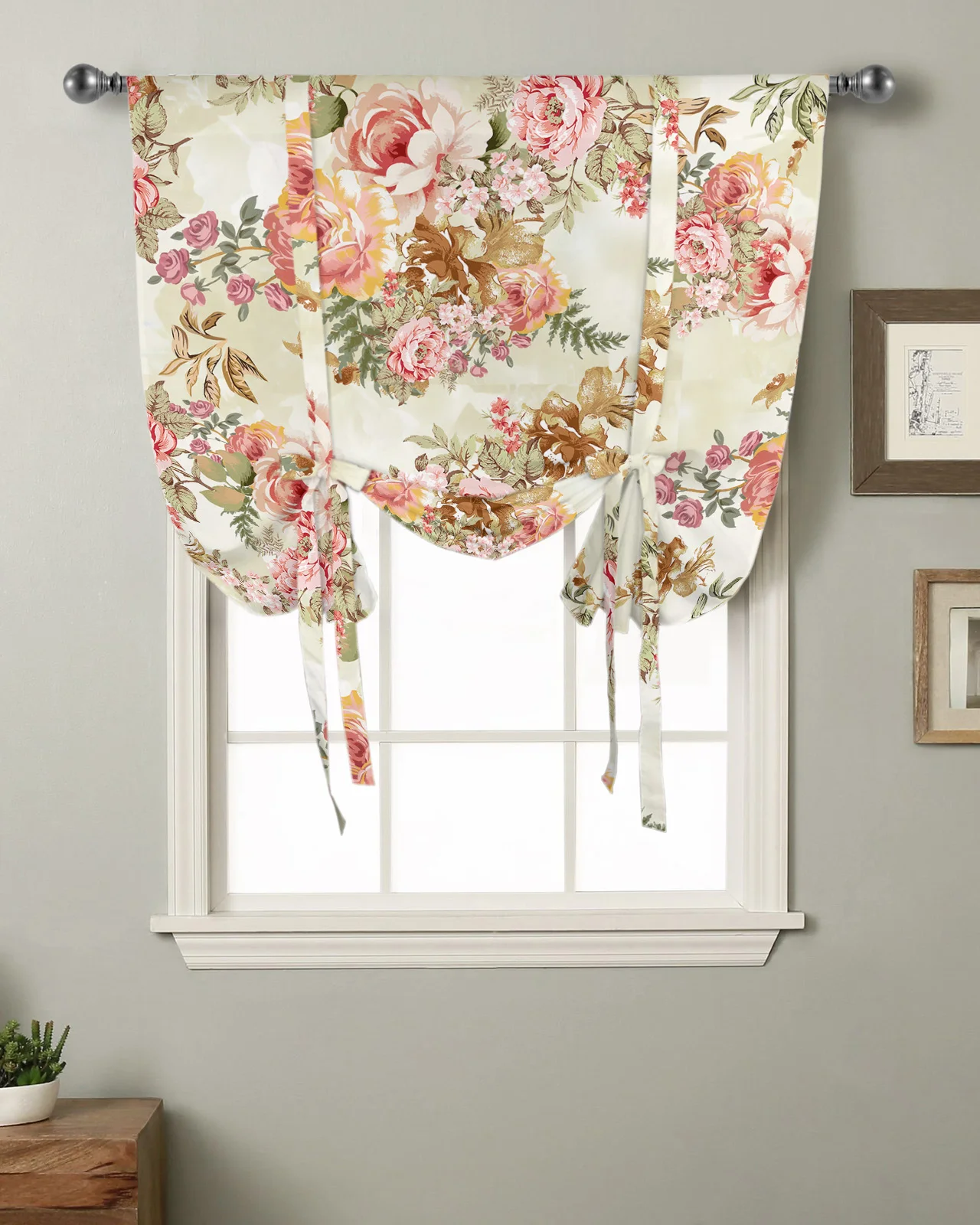 

Vintage Flower Leaf Abstract Kitchen Short Window Curtain Rod Pocket Curtains Home Decor Room Small Window Roman Tie Up Curtains