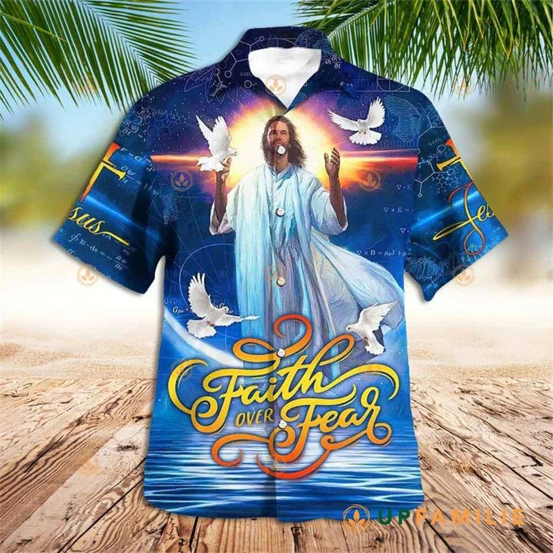 thumbnail image 1 of Jesús toma mi mano Jesús es mi salvador Camisas hawaianas para hombre y mujer Camisas playeras con cruz de león Camisas florales frescas de verano Ropa, 1 of 5