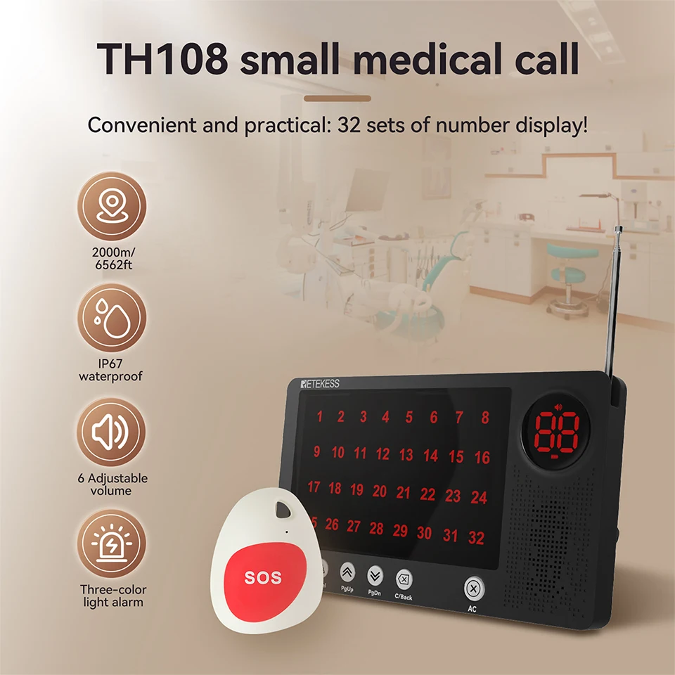 Retekess Caregiver cercapersone emergenza SOS sistema di allarme medico TH108 ricevitore schermo pulsanti di chiamata SOS per pazienti clinica ospedaliera