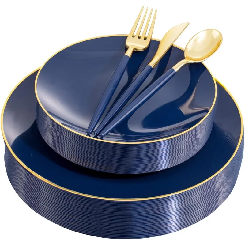 150PCS Blue Plastic Plates-Gold Plastic Silverware-Navy Disposable Plates Include 30 Guests Plates, Forks, Spoons, Knives