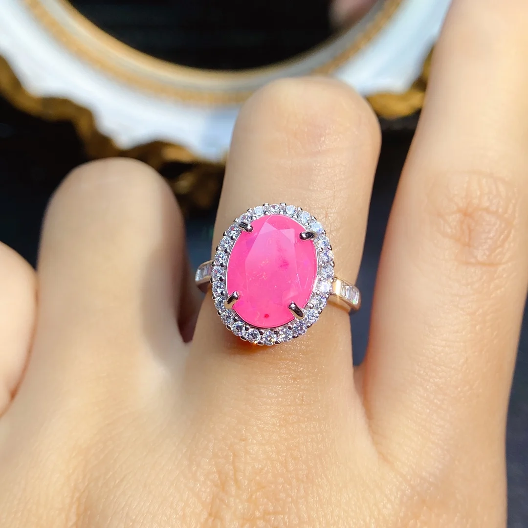 Oval Pink Opal Engagement Promise Ring Sterling Silver 925 Natural Opal Halo CZ Wedding Ring For Women Fine Jewelry