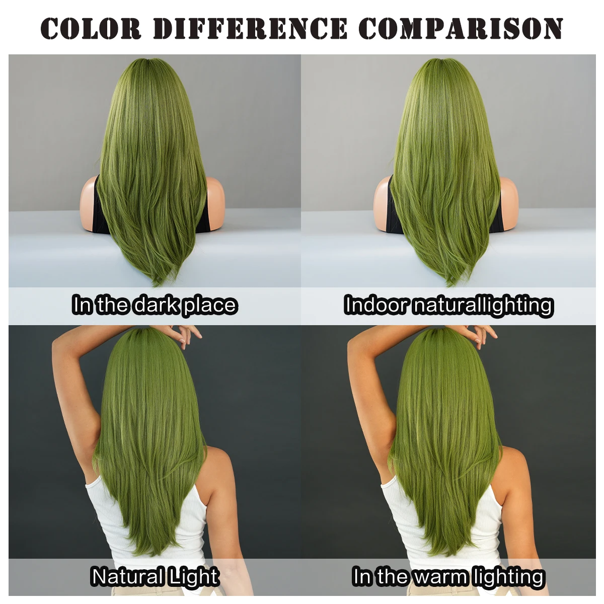 7JHH WIGS Costume Wigs Long Straight Green Wigs with Air Bangs High Layered High Density Synthetic Hair Wig Heat Resistant