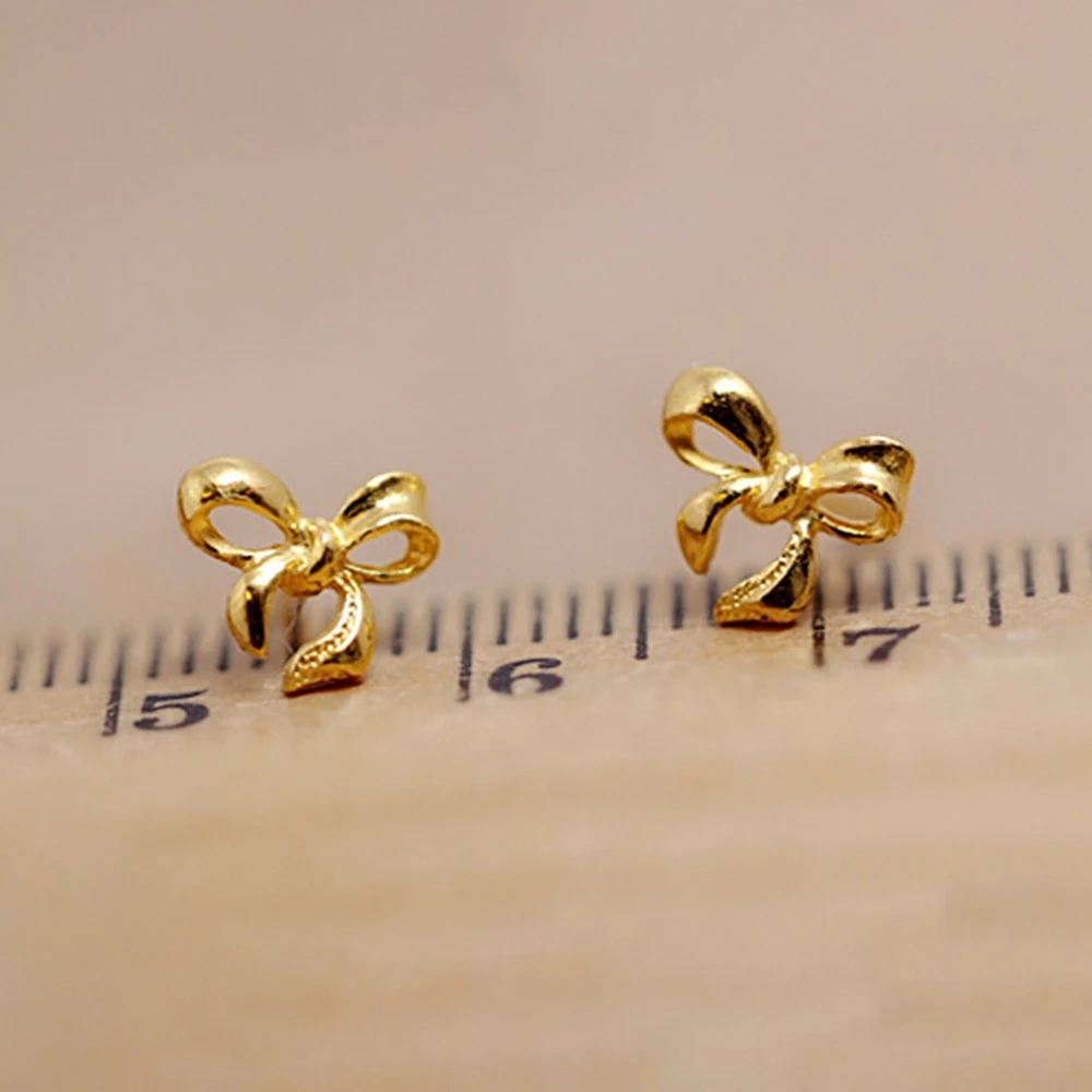 

New Real 24K Yellow Gold Earrings Woman Lovely Bowknot Stud Earrings 1-1.2g