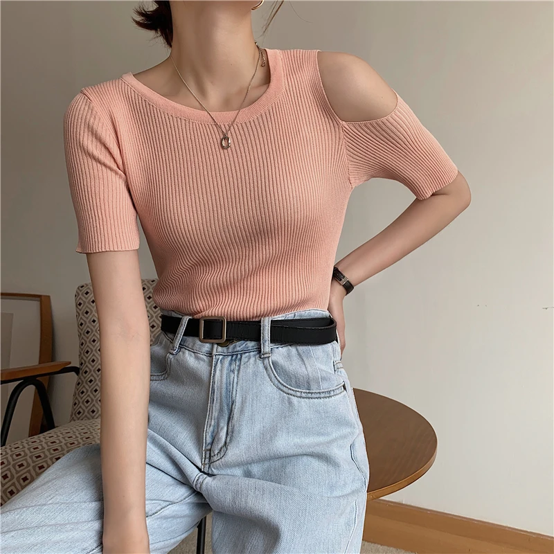 2022 Summer Knitted Sweater Pullovers Off Shoulder Sweater for Women Short Sleeve White Black Soft Female Jumper Clothing pullover sweater